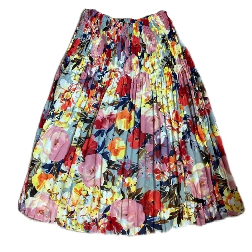Sunny Leigh Floral Pleated Midi Skirt Size‎ XS Colorful Elastic Waist Feminine